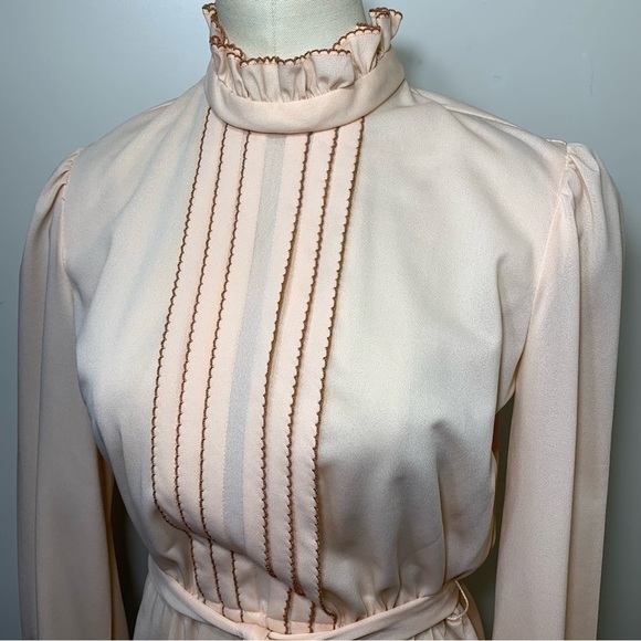 VINTAGE 70s Pink Prairie Dress Cottage Secretary Ruffle Neck Long Sleeves S/M - Picture 5 of 13